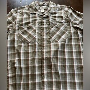 LL Bean, green and red plaid shirt, short sleeve
